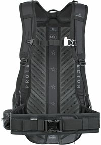 Black protective backpack with a mesh texture, featuring adjustable straps, buckles, and star patterns on a smooth surface.