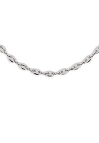 Collier en chaîne argenté featuring des maillons ovales avec une finition polie. Texture lisse avec un design cohérent tout au long.