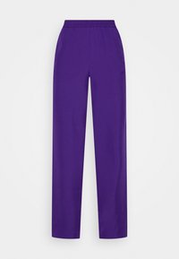 Fialové, lehké kalhoty s volným střihem a elastickým pasem. Hladká textura, rovné nohavice a žádné viditelné vzory ani akcenty.