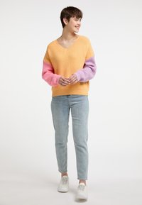 Maglione lavorato a maglia con scollatura a V, corpo arancione e maniche a coste rosa/viola. Abbinato a jeans azzurri e sneakers bianche.