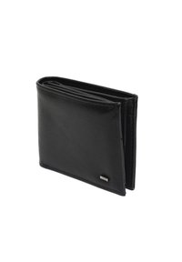Crna kožna novčanica s teksturiranim završetkom. Ima dizajn na preklop i suptilan metalni logotip na donjem prednjem rubu.