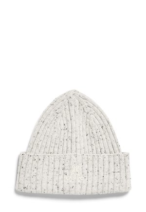 Gray beanie made from ribbed knit material, featuring white speckles and a folded cuff with a stitched logo on the front.