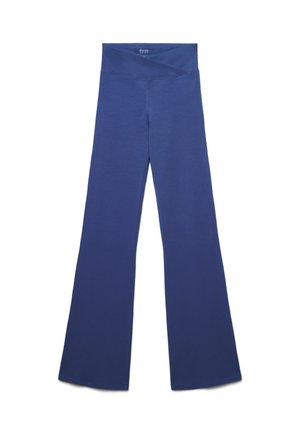Pantaloni larghi blu realizzati in tessuto morbido, caratterizzati da una vita alta incrociata e una texture liscia, con una vestibilità fluida e rilassata.