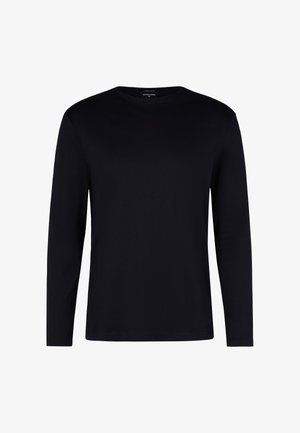 T-shirt nero a maniche lunghe realizzato in tessuto morbido. Caratterizzato da un colletto girocollo e una vestibilità dritta, senza motivi o design visibili.