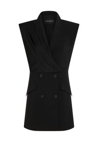 Sacou negru fără mâneci cu un design din drapaj, având țesătură drapată, nasturi cu două rânduri și buzunare cu clapă pentru detalii.