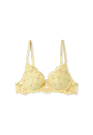 Yellow bra with floral embroidery, lace trim, and adjustable straps. Features a smooth cup design with a low center gore and hook-and-eye closure.