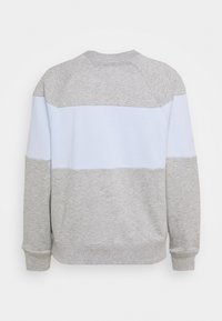 Grå sweatshirt med ljusblå horisontell rand. Tillverkad av bomullsmix, har ribbade manschetter och halsringning, raglanärmar och en avslappnad passform.