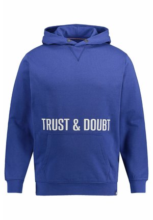 Blue pullover hoodie made of cotton blend. Features a front pocket and large white text reading "TRUST & DOUBT" across the chest.