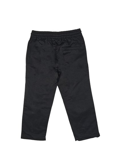 Pantaloni leggeri neri con vita elasticizzata. Texture liscia, design affusolato, senza tasche visibili o decorazioni.