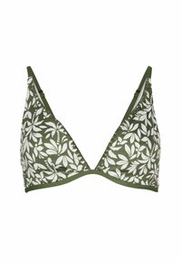 Zeleni bikini top z rožnatim belim vzorcem, trikotnimi skodelicami, nastavljivimi naramnicami ter enotno zelenim spodnjim pasom. Z obdelavo teksturirane tkanine.
