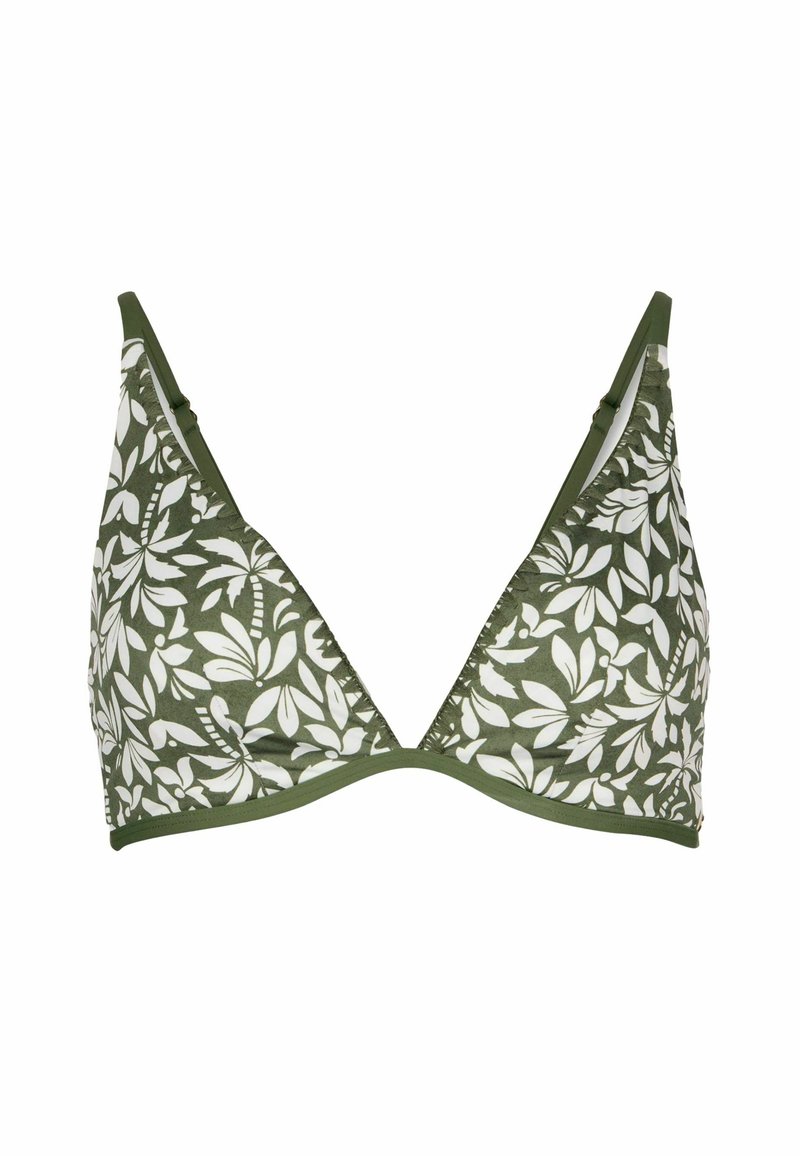 Zeleni bikini top z rožnatim belim vzorcem, trikotnimi skodelicami, nastavljivimi naramnicami ter enotno zelenim spodnjim pasom. Z obdelavo teksturirane tkanine.