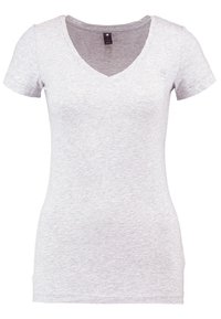 T-shirt da donna fitted a maniche corte e scollo a V grigio chiaro con texture heather, esposto su uno sfondo bianco.