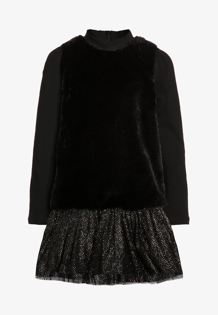 Robe noire avec un haut duveteux à col montant, des manches longues, et une jupe en tulle à couches ornée de petits points argentés.