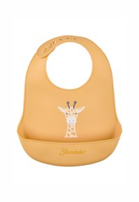 Silikonlätzchen in sanftem Gelb mit einem Giraffenmotiv; runde Form, breiter Aufbewahrungstasche zum Auffangen von Verschüttungen, verstellbarer Halsverschluss.