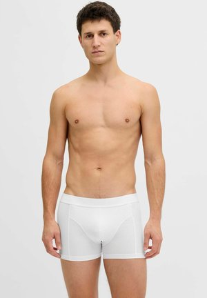 Junger Mann steht vor einem schlichten Hintergrund und trägt weiße Boxershorts mit einem Markenbund, blickt nach vorne mit neutralem Ausdruck.