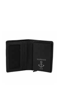 Zwarte leren portefeuille met een open ontwerp, waarbij een doorzichtige kaartspeciaal, een binnenvak en de geprinte tekst "HARBOUR 2nd" met een ankerlogo zijn inbegrepen.