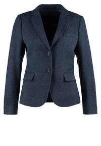 Blazer femme gris foncé avec deux boutons, revers à encoches et poches avant à rabat.