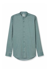 Langärmliges, hellblaues Hemd mit Stehkragen, aus strukturiertem Stoff, mit Knopfverschluss vorne und abgerundetem Saum.