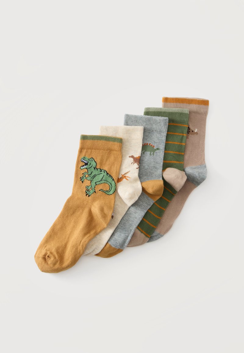 Cinq paires de chaussettes pour enfants avec des motifs de dinosaures dans différentes couleurs, dont moutarde, beige, gris, vert rayé et beige.