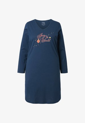 Dunkelblaues Langarmkleid aus Baumwolle mit V-Ausschnitt, versehen mit einem "Freude für die Welt"-Grafik sowie dekorativen Sternen und Ornamenten.