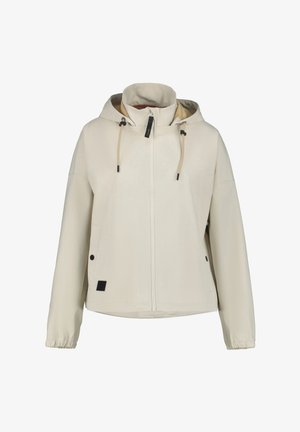 Veste couleur crème en tissu doux et lisse. Dotée d'une capuche, d'une fermeture éclair sur le devant, de cordons réglables et de deux poches latérales avec fermetures à pression.