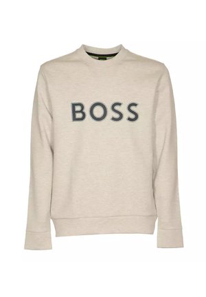 Sweat-shirt beige à manches longues avec un col rond et un grand texte "BOSS" gris foncé centré sur le devant.