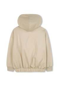 Beige hoodie met een relaxte pasvorm. Heeft een verzamelde zoom en naadloze schouders. Glad textuur zonder zichtbare patronen.