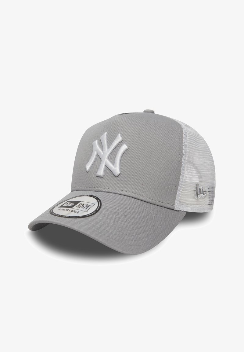 Gray and white New York Yankees baseball cap with adjustable mesh back and curved brim, showing team logo embroidered on front.