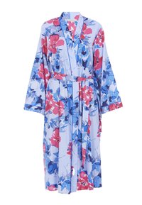 Bloemenbadjas in lichtblauw, met levendige rode, roze en blauwe bloemen, lange mouwen, een ceintuur in de taille en een sjawl kraagontwerp.