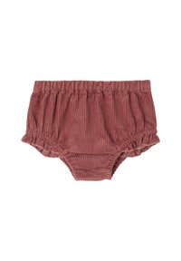 Weiche, staubige Rosafarbene Corduroy-Babybloomers mit elastischem Bund und Beinöffnungen, die mit gerafften Rüschendetails versehen sind.