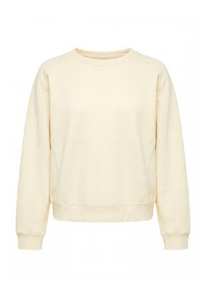 Langärmliges Sweatshirt in Cremefarbe mit Rundhalsausschnitt, gerippten Bündchen und Saum, mit einfachen Nahtdetails auf Vorderseite und Ärmeln.