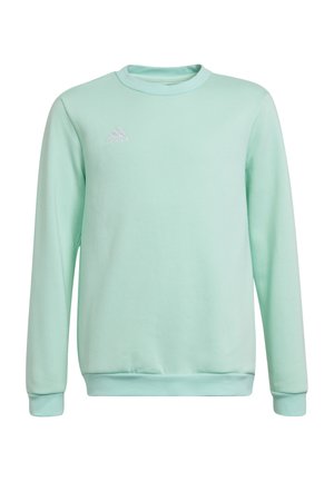 Sweatshirt vert menthe en tissu doux, avec des manches longues, un col rond et un logo Adidas blanc sur la poitrine gauche.