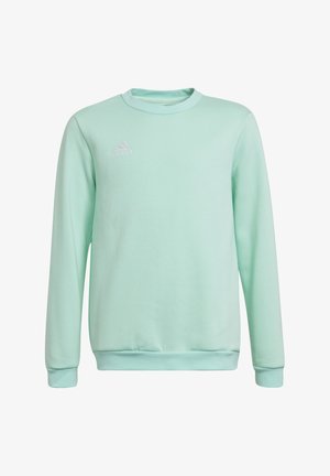 Mintgrüner Sweatshirt aus weichem Stoff mit langen Ärmeln, runder Halslinie und einem weißen Adidas-Logo auf der linken Brust.