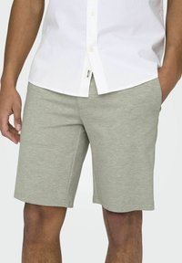 Lichtgrijze katoenen shorts met een elastische tailleband, een gladde textuur en zijzakken, ontworpen voor casual draag. Een knoopshirt is zichtbaar erboven.