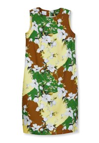 Blumenkleid mit ärmellosem Design, in einer Mischung aus Gelb, Grün und Braun. Bedruckt mit weißen Blumen und grünen Blättern.