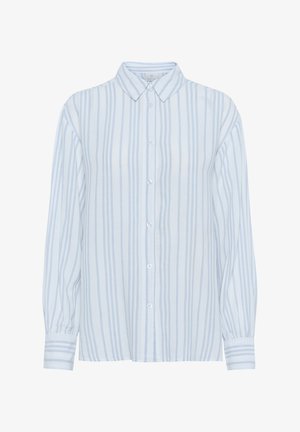 Hele sinine nööbideta pluus, millel on vertikaalsed valged triibud, pikad varrukad ja terav krae. Omab nööpdetailidega mansette ja lõdva istuvusega.