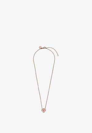 Roségoldene Halskette mit einem Anhänger in Form einer vierblättrigen Blume, besetzt mit pinkfarbenen herzförmigen Steinen, kleinen runden Steinen und einem verstellbaren Verschluss.