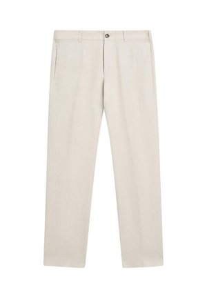 Beige gerade geschnittene Hose mit Gürtelschlaufen, Reißverschluss, Knopfverschluss und Seitentaschen, flach auf weißem Hintergrund präsentiert.