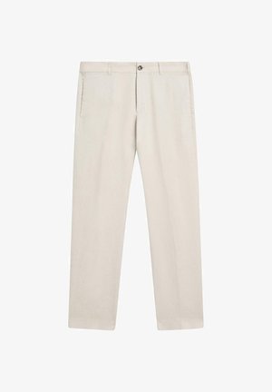 Beżowe spodnie o prostych nogawkach z szlufkami na pasek, zamkiem błyskawicznym, zapięciem na guzik i bocznymi kieszeniami, pokazane na płasko na białym tle.