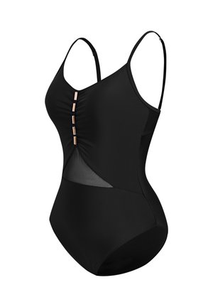 Maillot de bain noir une pièce avec bretelles fines réglables, détail plissé à l'avant avec accents dorés, et panneau en mesh diagonal.