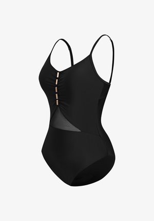 Bañador negro de una pieza con tirantes finos ajustables, detalle fruncido frontal con acentos dorados y panel diagonal de malla.