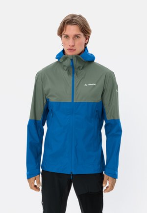 Men’s waterproof jacket in blue and olive green, featuring a zippered front, adjustable hood, and two side pockets. Smooth, lightweight fabric.