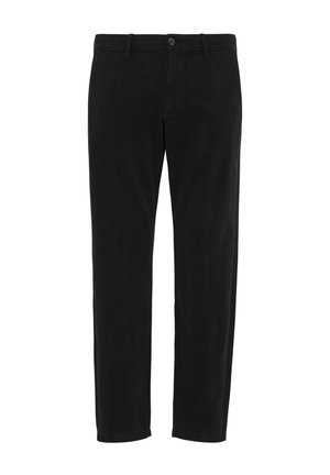 Schwarze Baumwollhose mit glatter Textur. Verfügt über ein klassisches Design, gerade Beine und einen einzelnen Knopfverschluss an der Taille.