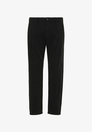Schwarze Baumwollhose mit glatter Textur. Verfügt über ein klassisches Design, gerade Beine und einen einzelnen Knopfverschluss an der Taille.