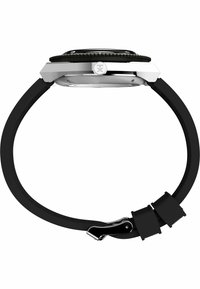 Round watch with a black silicone strap and silver metal case. Features a textured bezel and a secure metal clasp for closure.