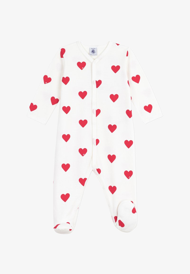 Weißer Baumwoll-Einteiler mit langen Ärmeln, der ein rotes Herzmuster aufweist, Druckknöpfe vorne und ein Fußdesign für Wärme.