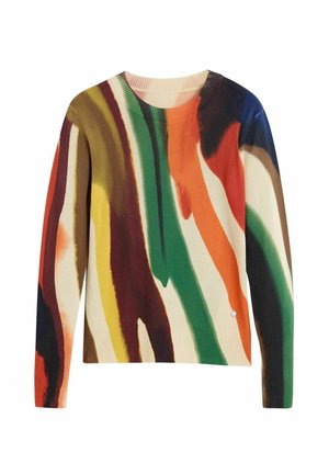 Mitmevärviline kootud kampsun, millel on julged pintslitõmbepatrónid rohelises, punases, kollases ja pruunis värvitoonis, ning soonikuga kaelus ja mansetid.