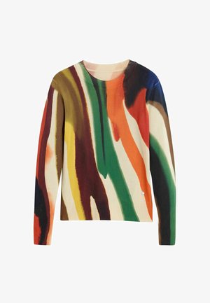 Mitmevärviline kootud kampsun, millel on julged pintslitõmbepatrónid rohelises, punases, kollases ja pruunis värvitoonis, ning soonikuga kaelus ja mansetid.