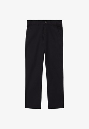 Pantalon en coton noir présentant une coupe droite, des poches avant et une fermeture à bouton métallique à la taille.