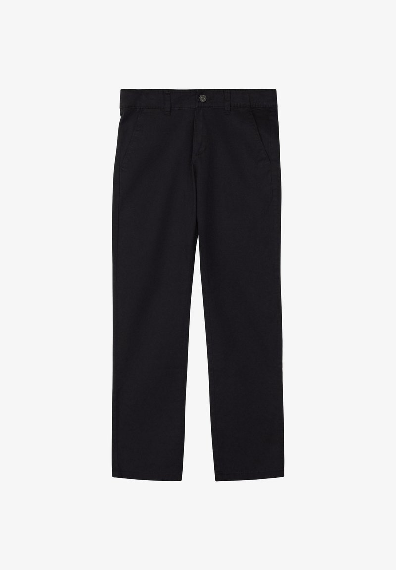 Juodos medvilnės kelnės su tiesiomis kojų linijomis, priekinių kišenių ir metaliniu mygtuku juosmens užsegimui.